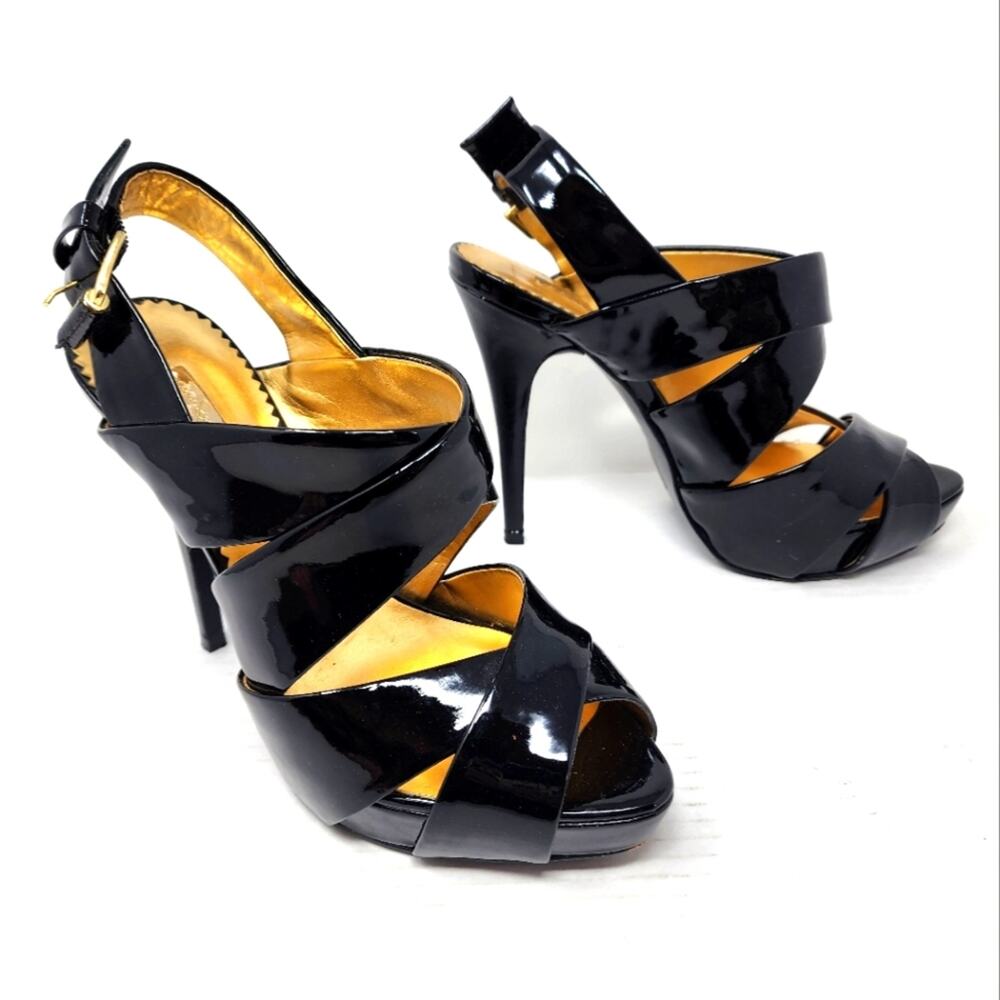 Report Signature Black Platform Heels Cutouts Buckle‎ Closure Women's Size 8